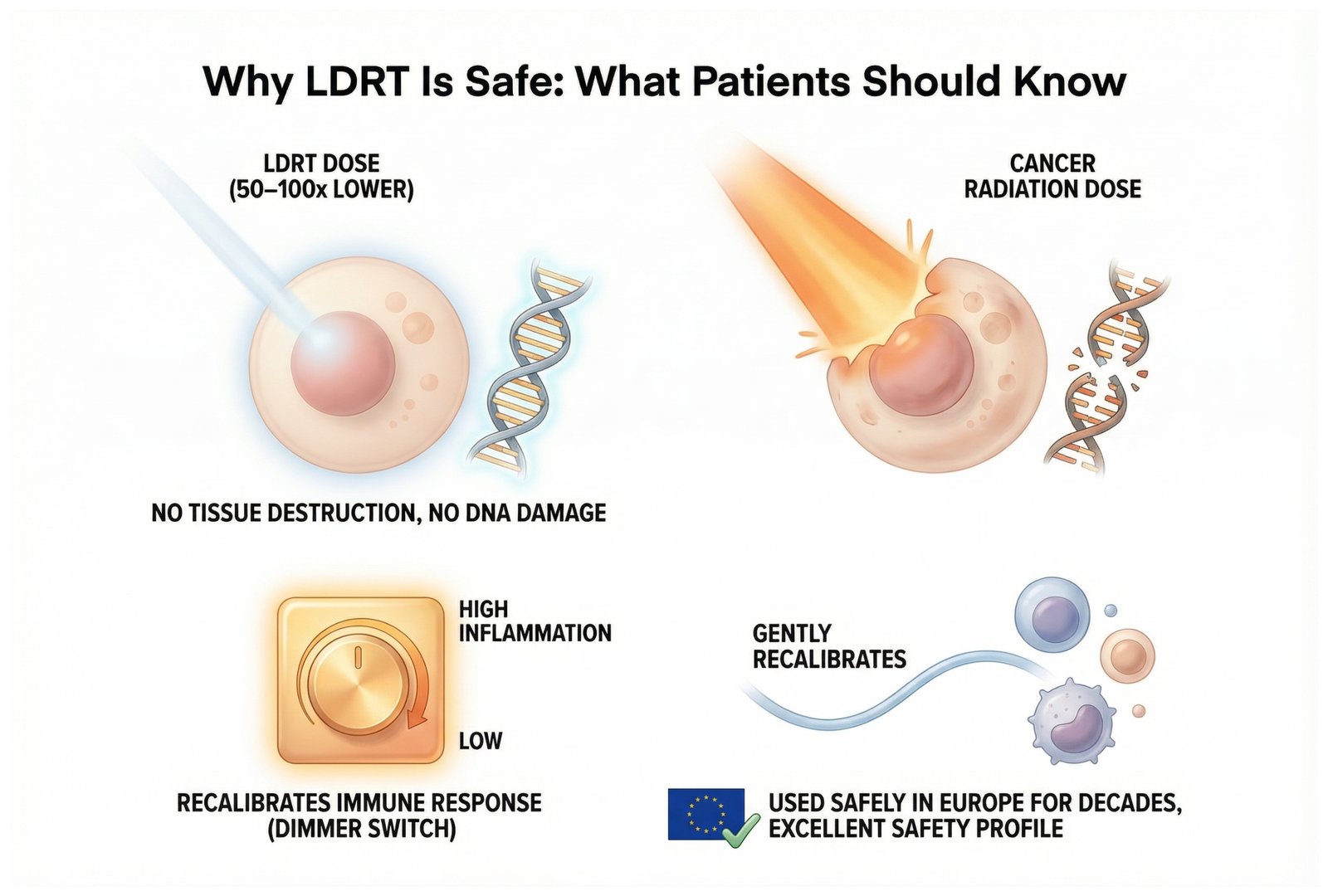 Why LDRT is safe: LDRT dose is 10–25× lower than cancer radiation, with no tissue destruction and no DNA damage. Recalibrates the immune response like a dimmer switch.