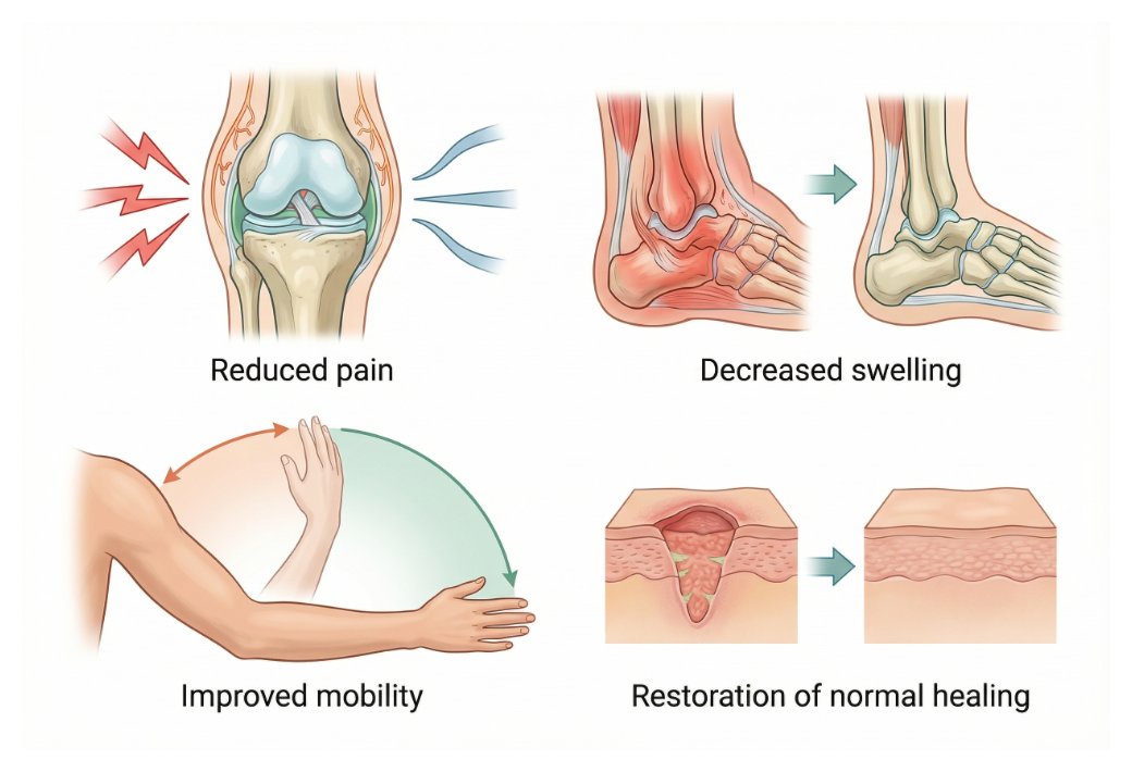 What patients can expect to feel: reduced pain, decreased swelling, improved mobility, restored normal healing.