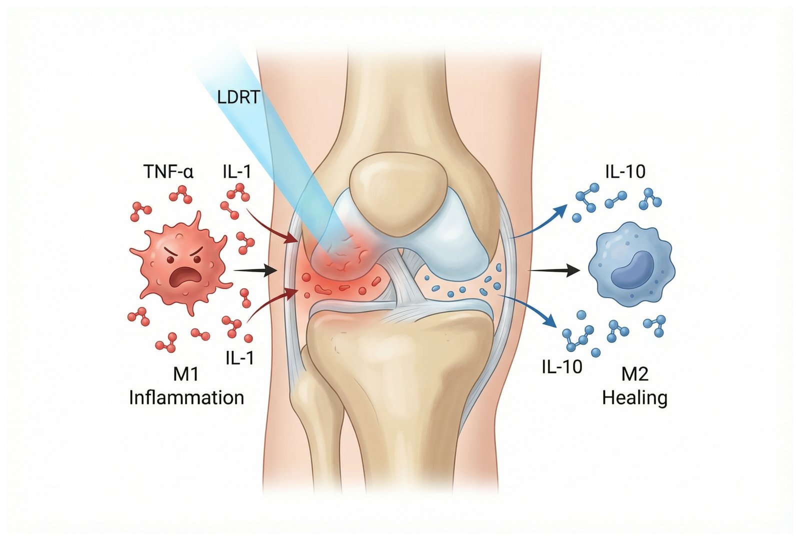 Summary: LDRT turns down "attack" signals (TNF-α, IL-1) and turns up "healing" signals (IL-10), shifting immune cells from M1 to M2.