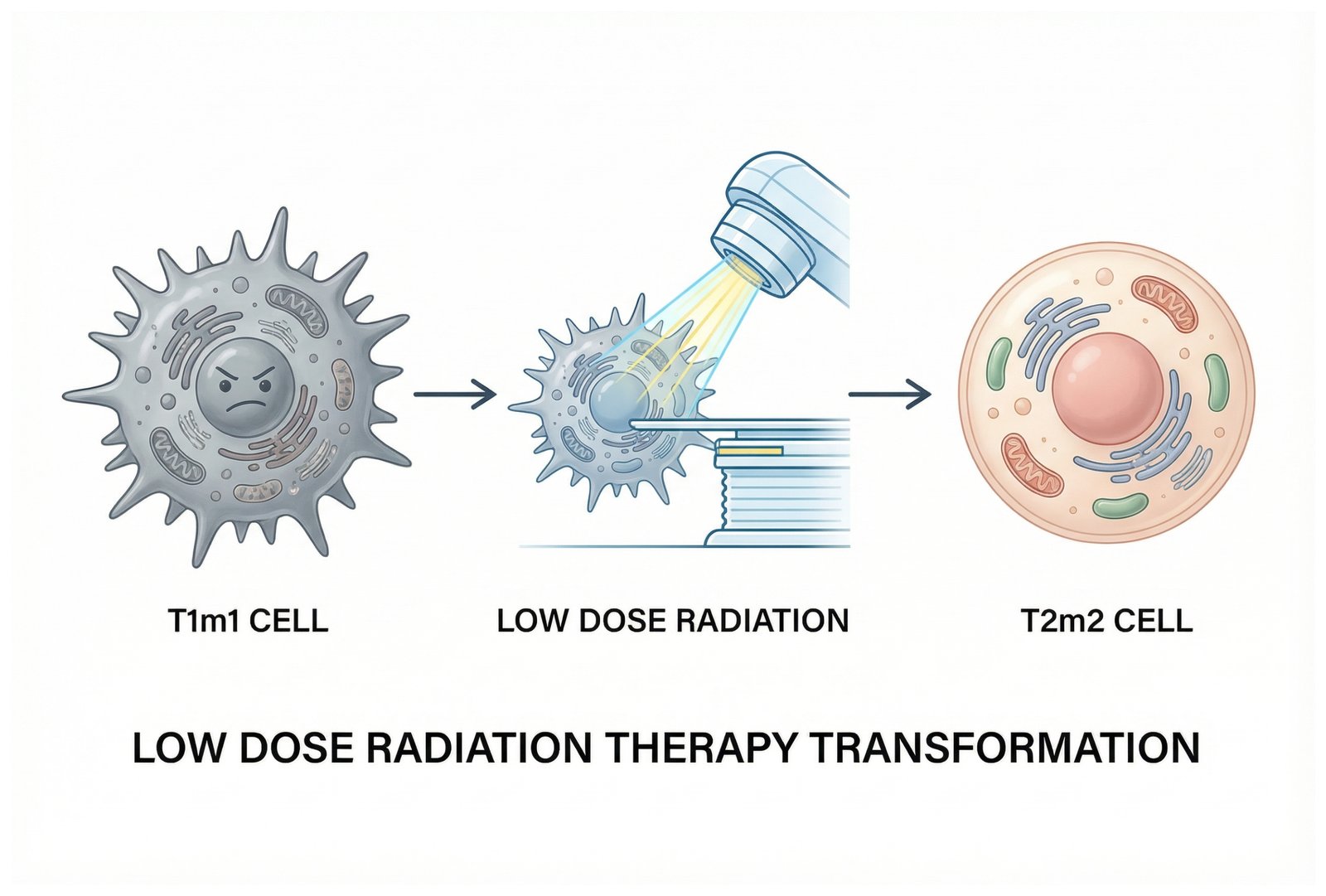 Cellular transformation under LDRT: an M1 (attack-mode) cell is treated with low-dose radiation and shifts to M2 (healing-mode).