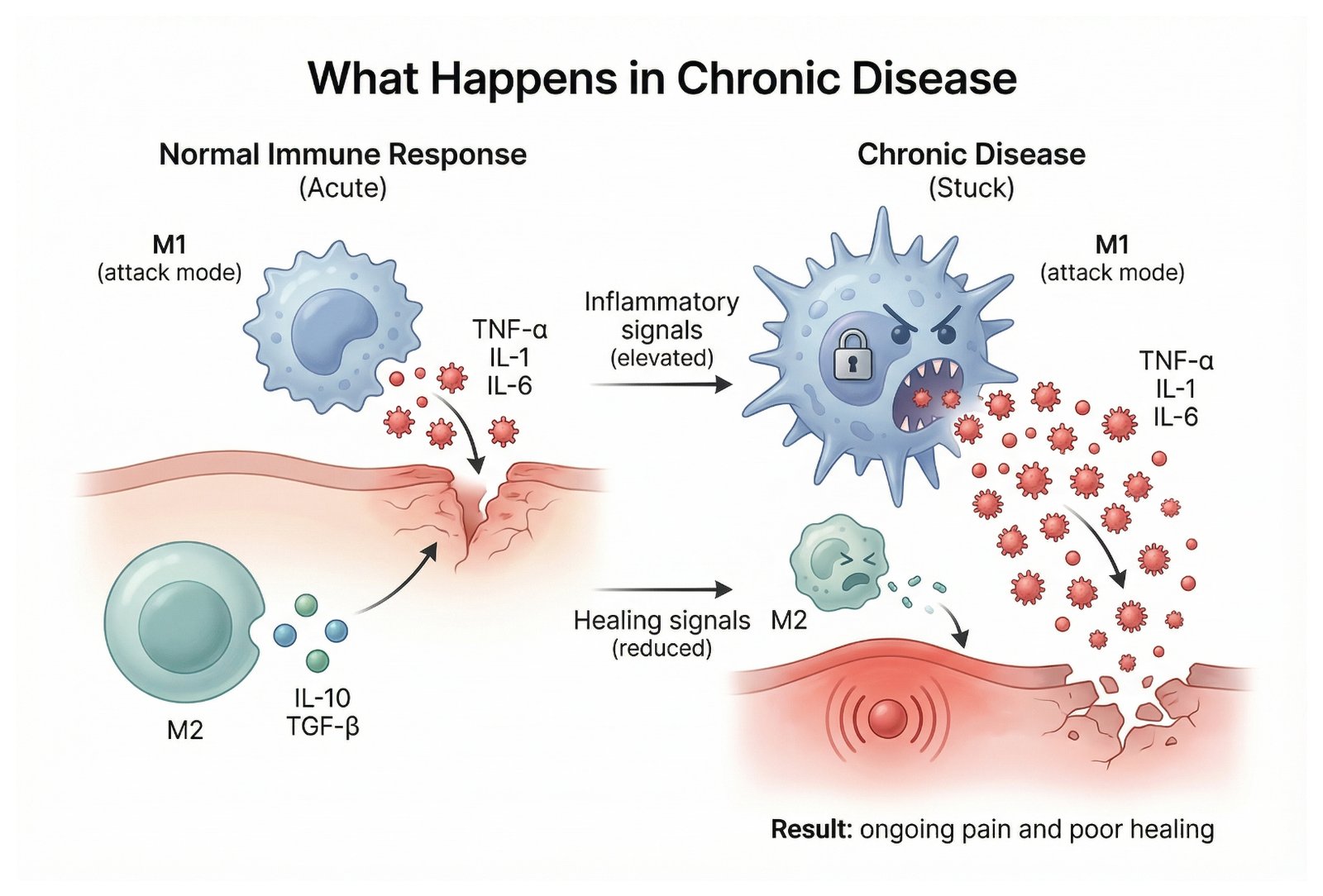 Two-panel comparison: normal acute inflammation that resolves vs. chronic disease where M1 stays stuck and healing signals are reduced.